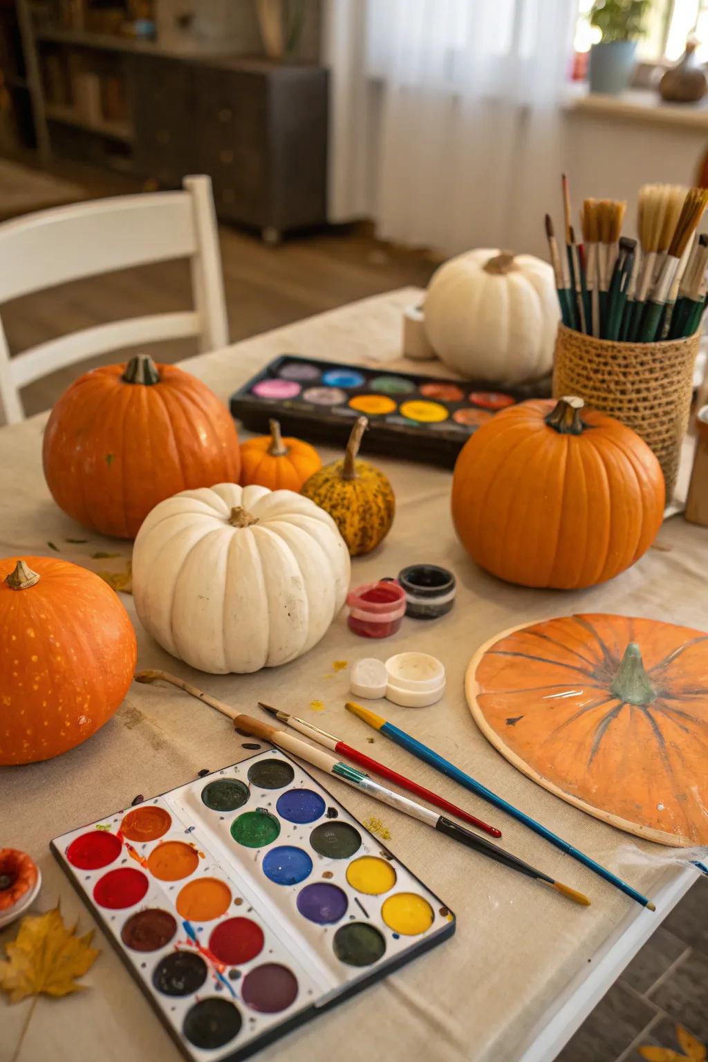 A table prepared for a creative pumpkin painting session.