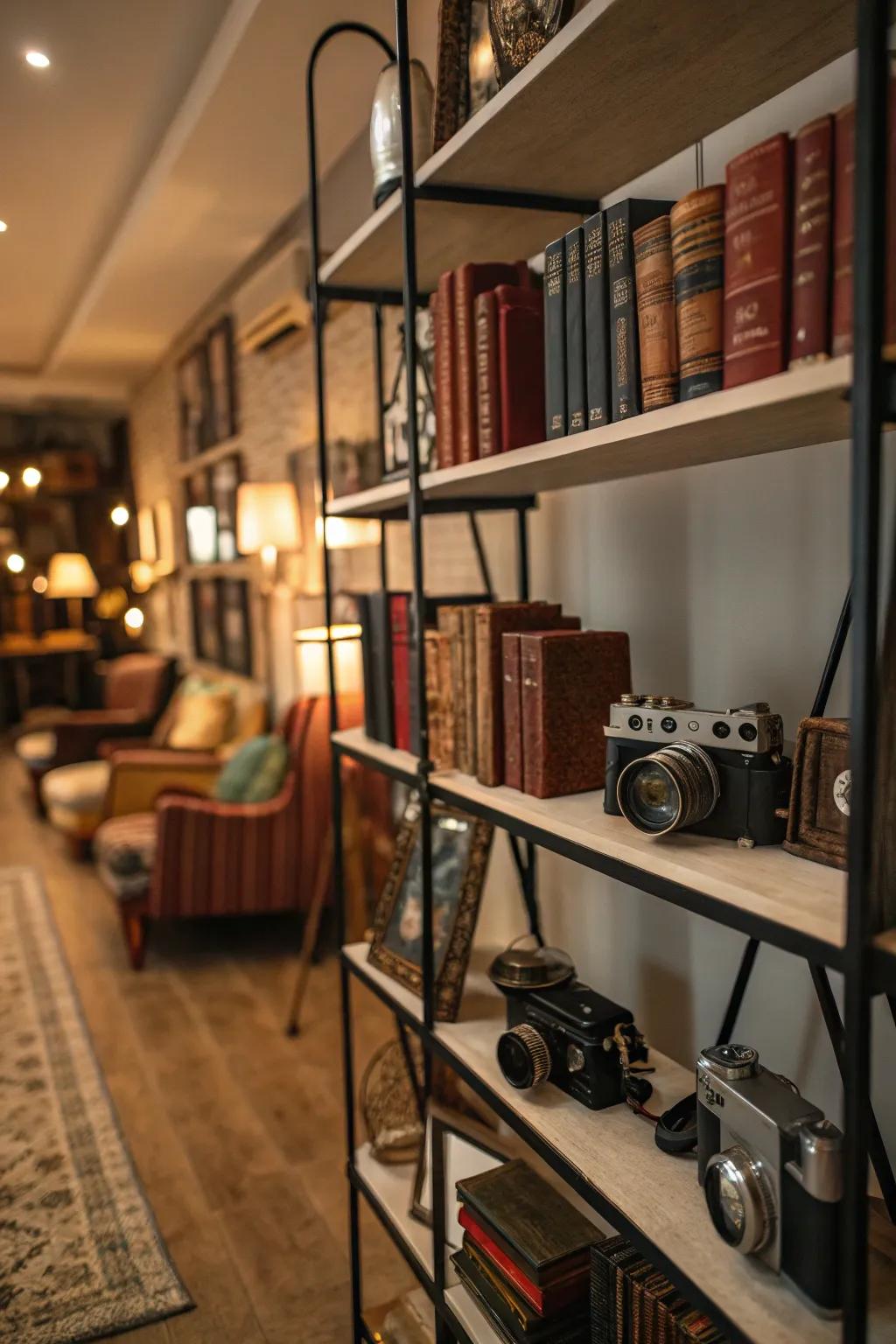 Shelves exhibiting vintage items in a colonial-inspired backdrop.