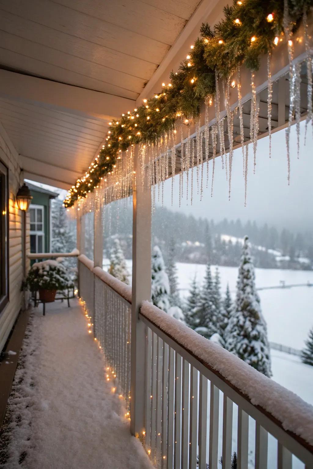 A wintry paradise theme transforms this veranda into a festive haven.