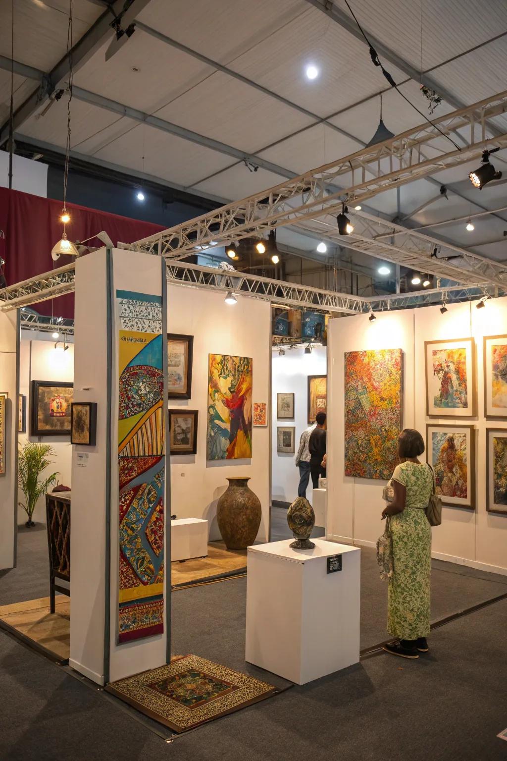 A harmonious blend of hanging and stand-alone artworks.