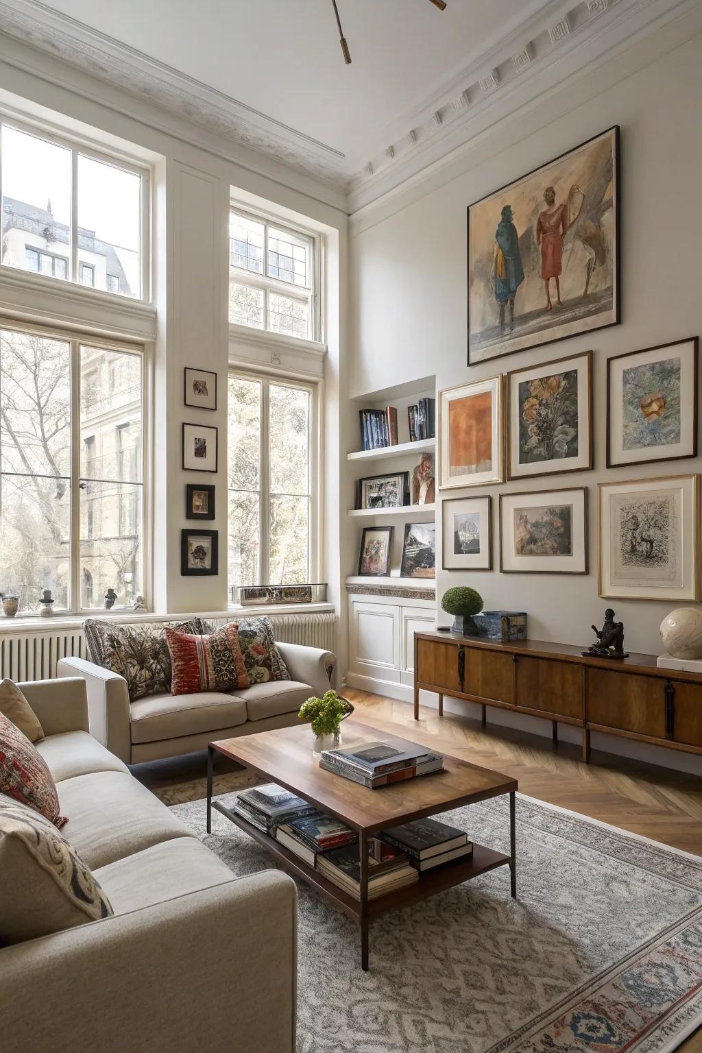 Art prints integrated into a living room's decor for a unified appearance.