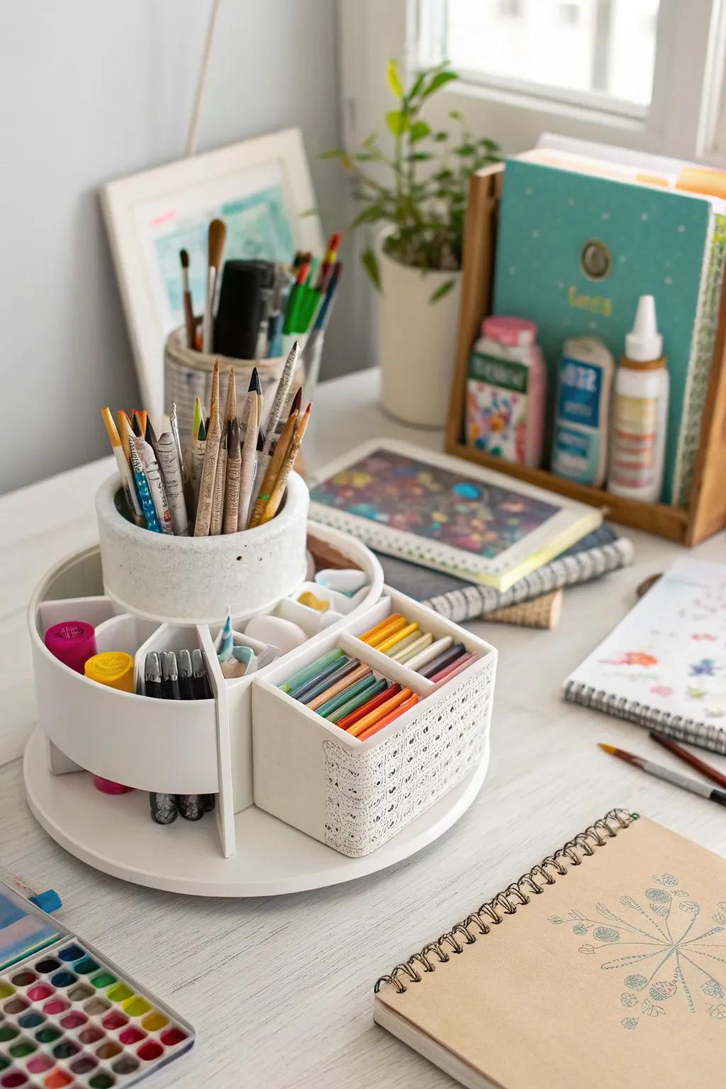 Rotating caddies provide effortless access to your artistic tools.