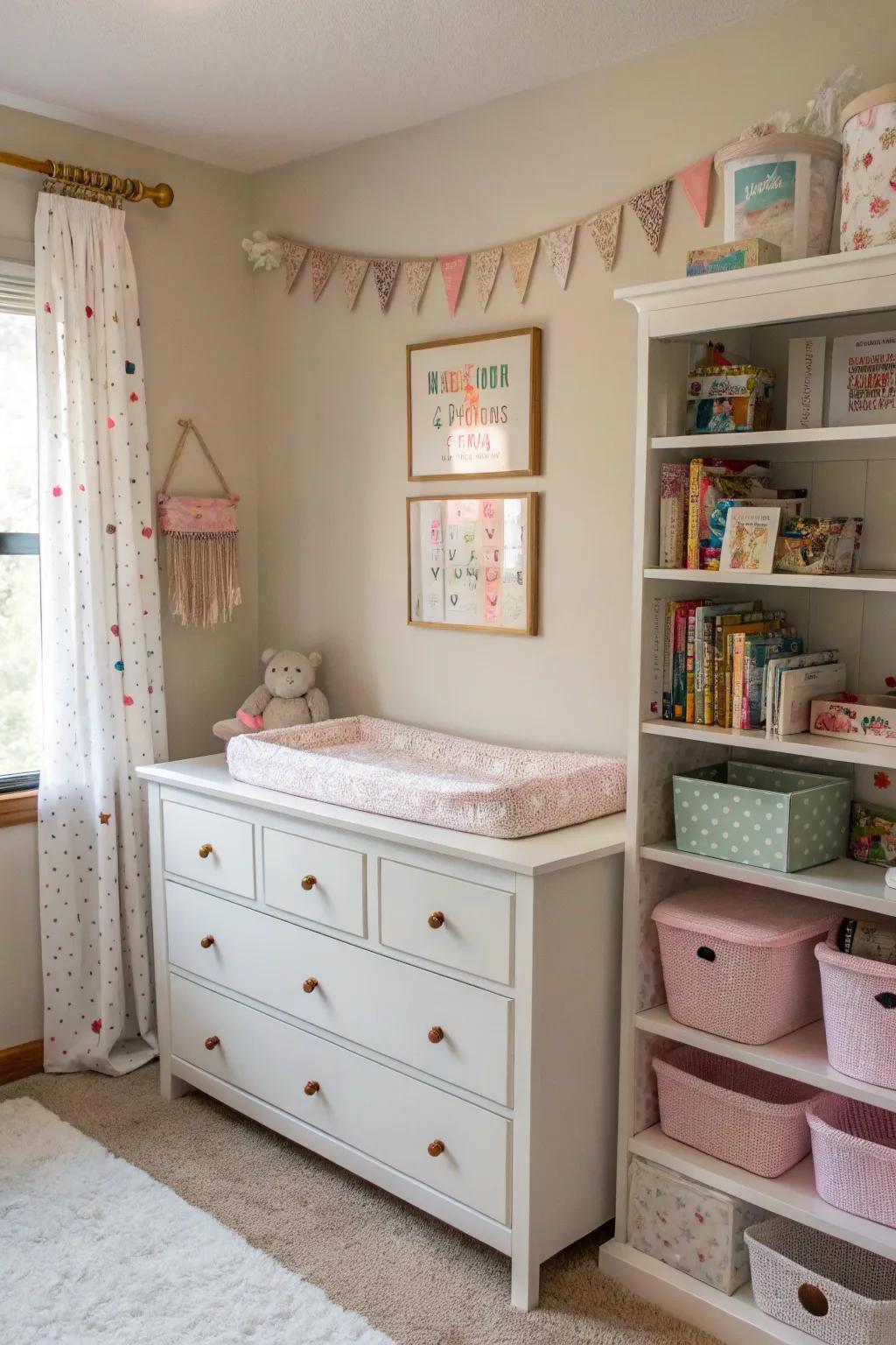 Practical furnishings maintain the chamber's tidiness and style.