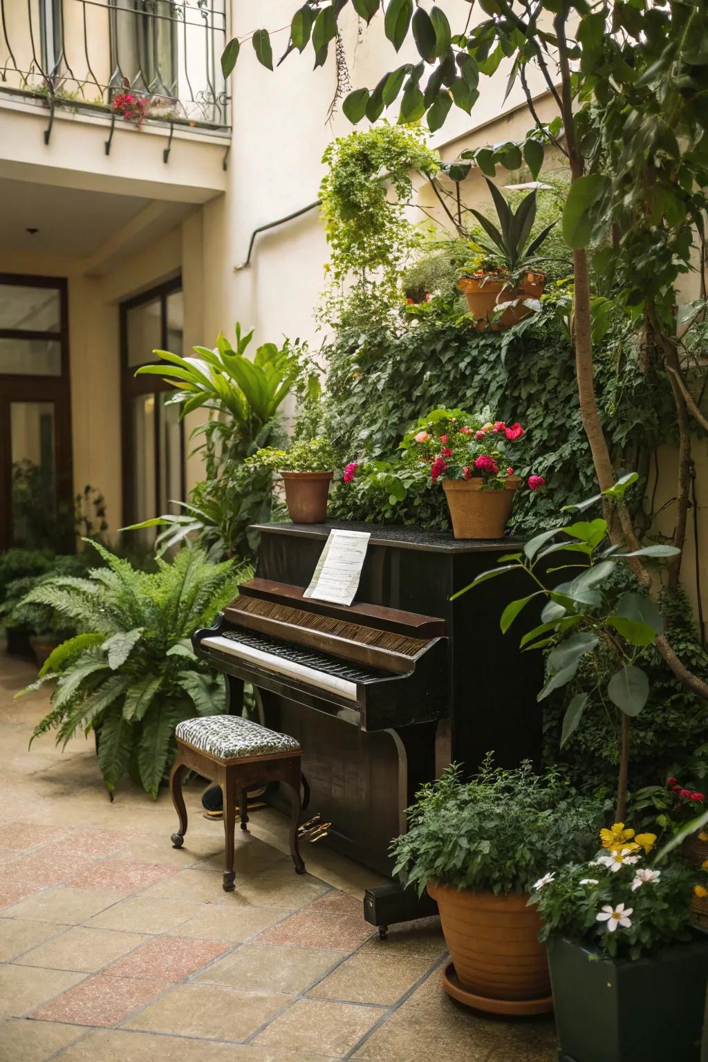 Vegetation lends a revitalizing element to the piano area.