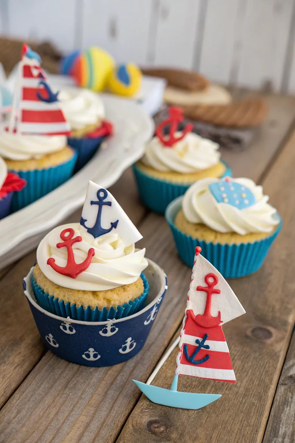 Sea-faring themed cupcakes orchestrate the ambiance for a nautical commemoration.