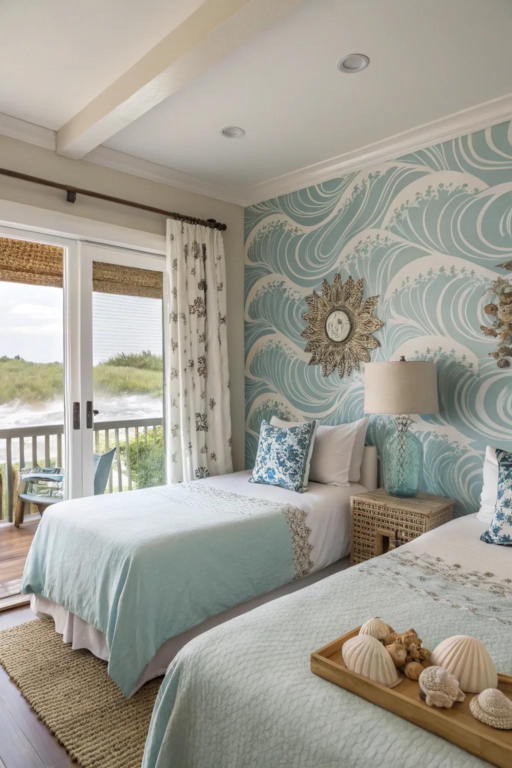 Guest accommodations featuring a wave-patterned surface that evokes a seaside retreat atmosphere.