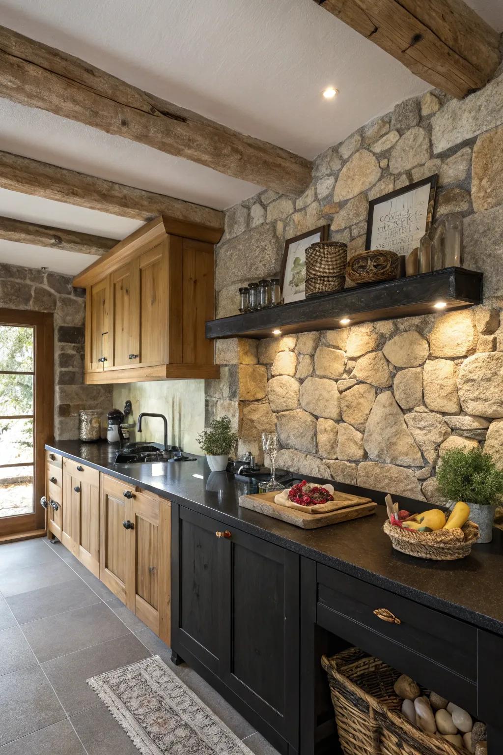 Untreated stone backsplashes impart countryside charm and comfort.