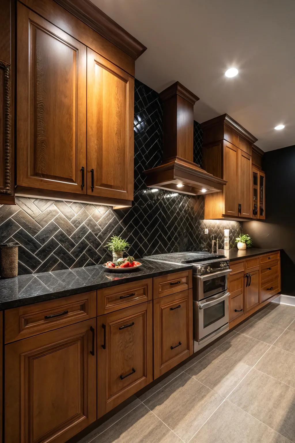 A high-contrast backsplash engenders a dramatic effect when paired with maple cabinets.