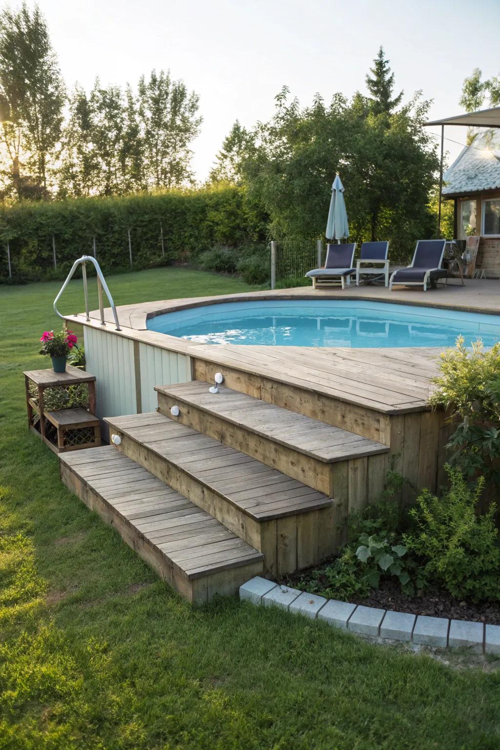 Wide steps offer easy access and add elegance to pool entry.