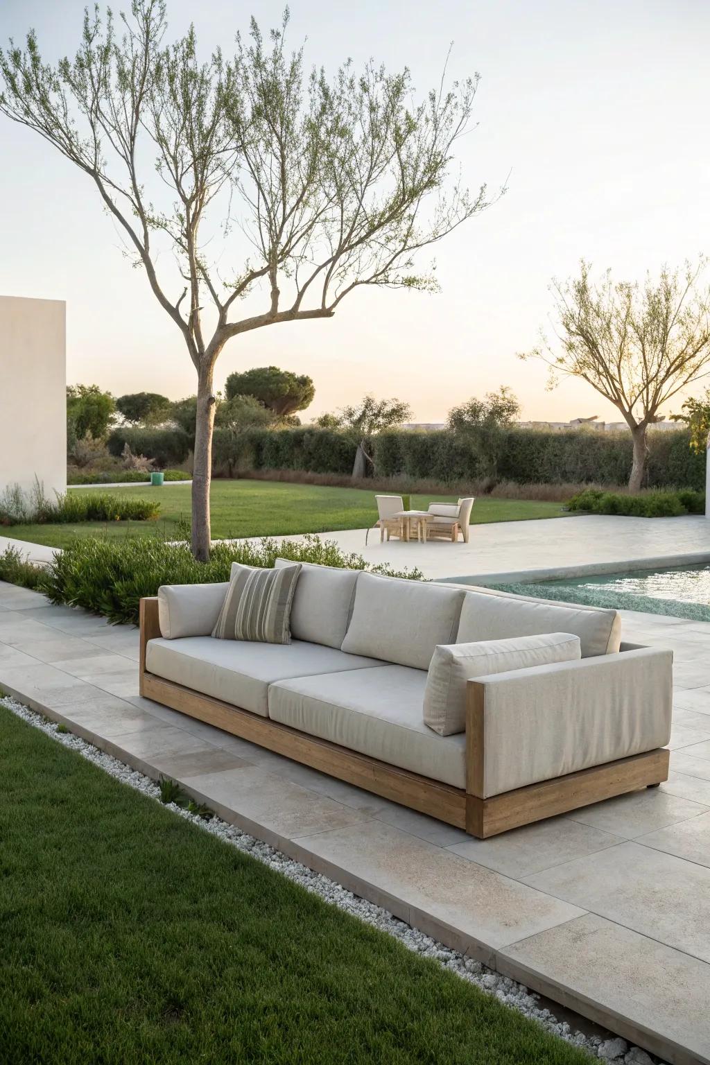 Minimalist couches present a serene and uncomplicated open-air retreat.