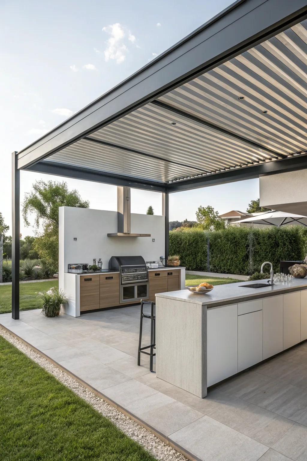A metal shelter offers a minimalist and modern sanctuary for your outdoor kitchen.