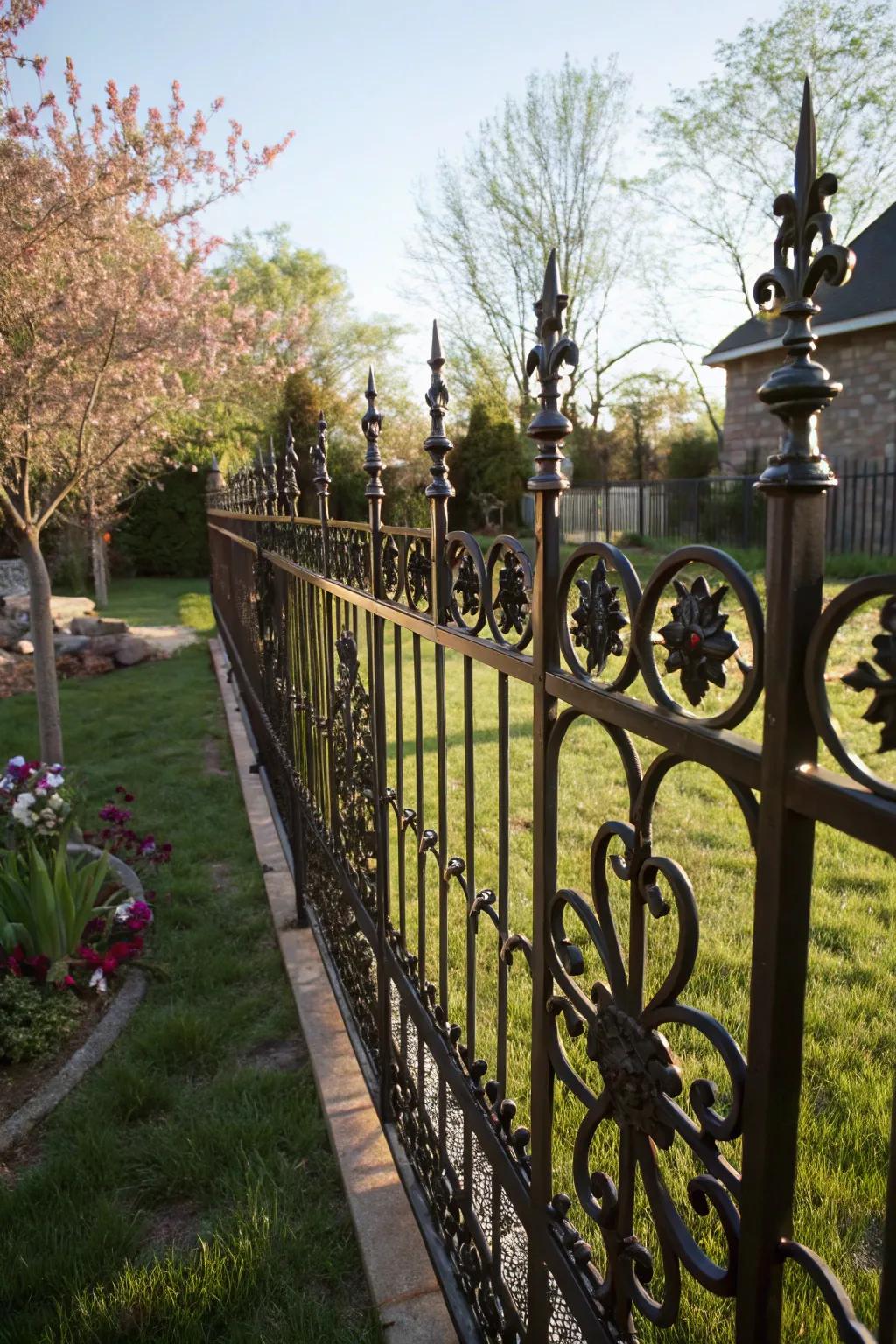 Ornamental metalwork imparts artistic expression to the boundary surrounding the yard.