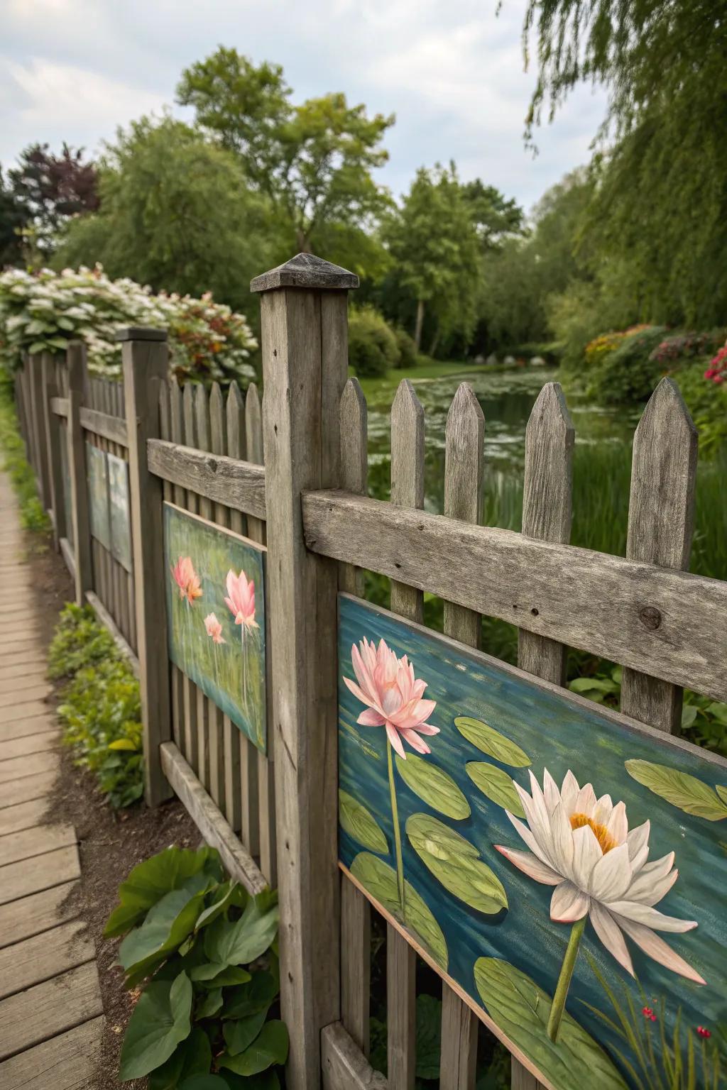 Water lilies painted on a fence evoke a sense of serenity and repose.