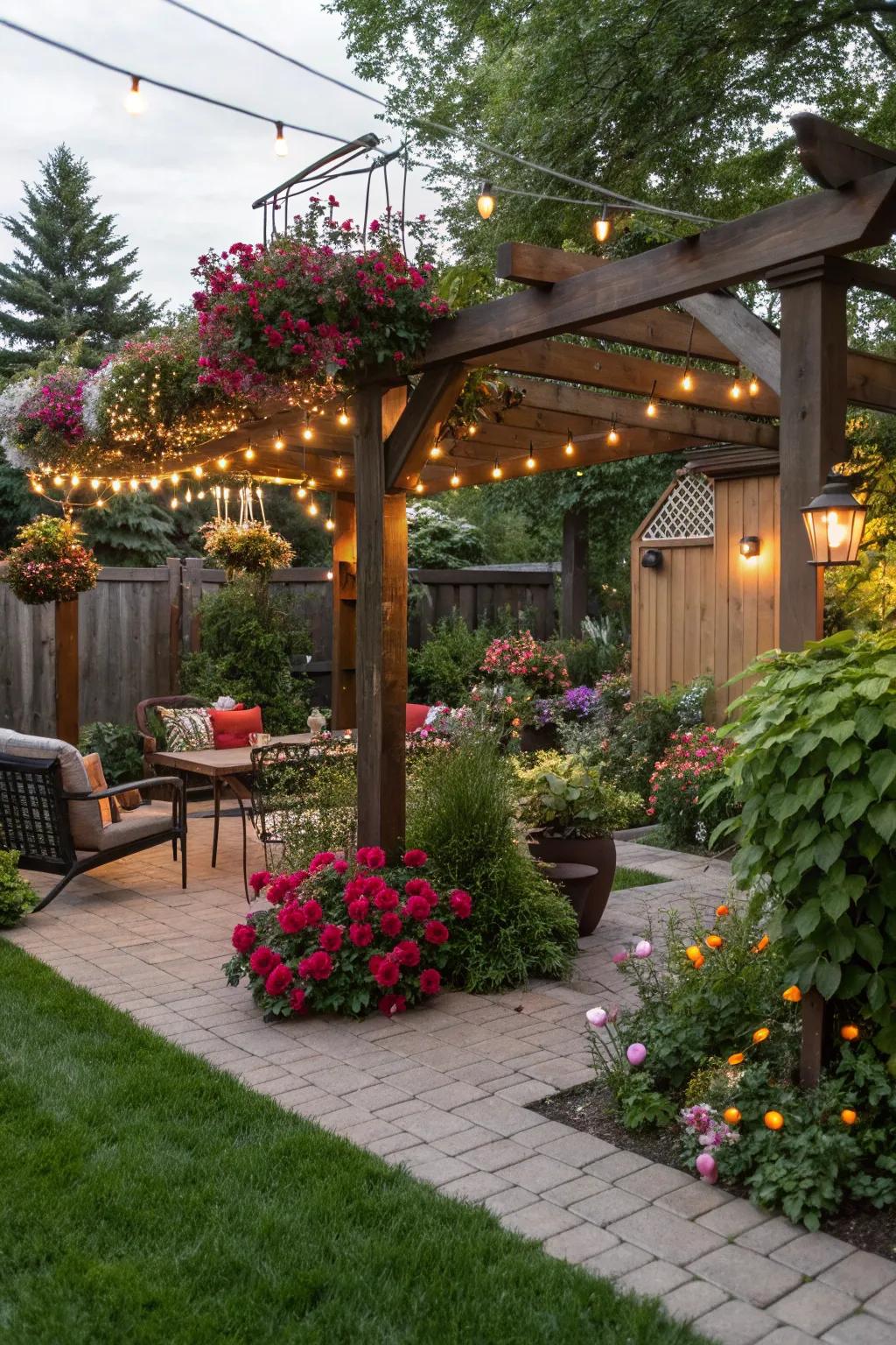 An arbor becomes a focal aspect through suspended ornamentation and lights.