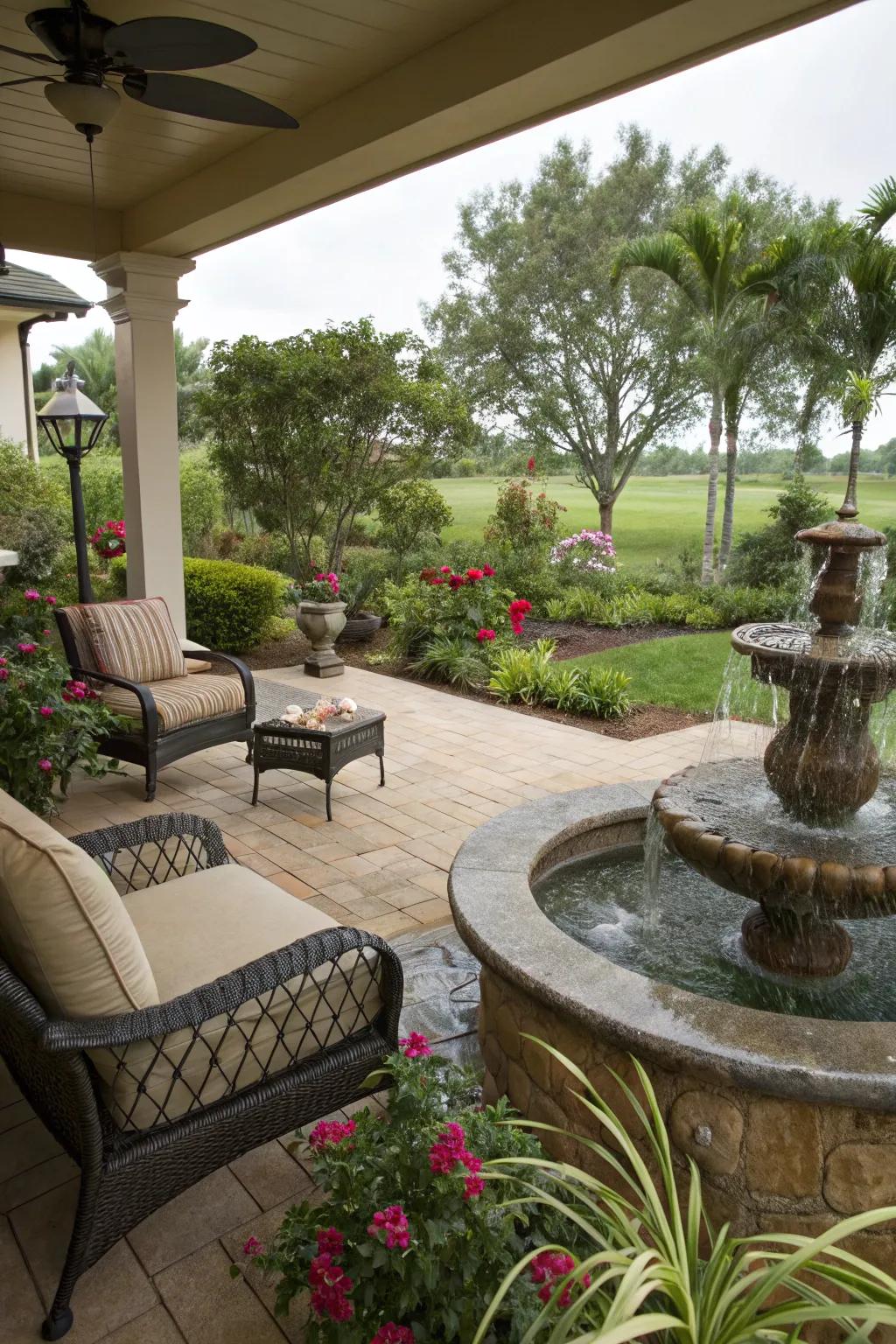 A serene aquatic attribute elevates the tranquility of a patio.
