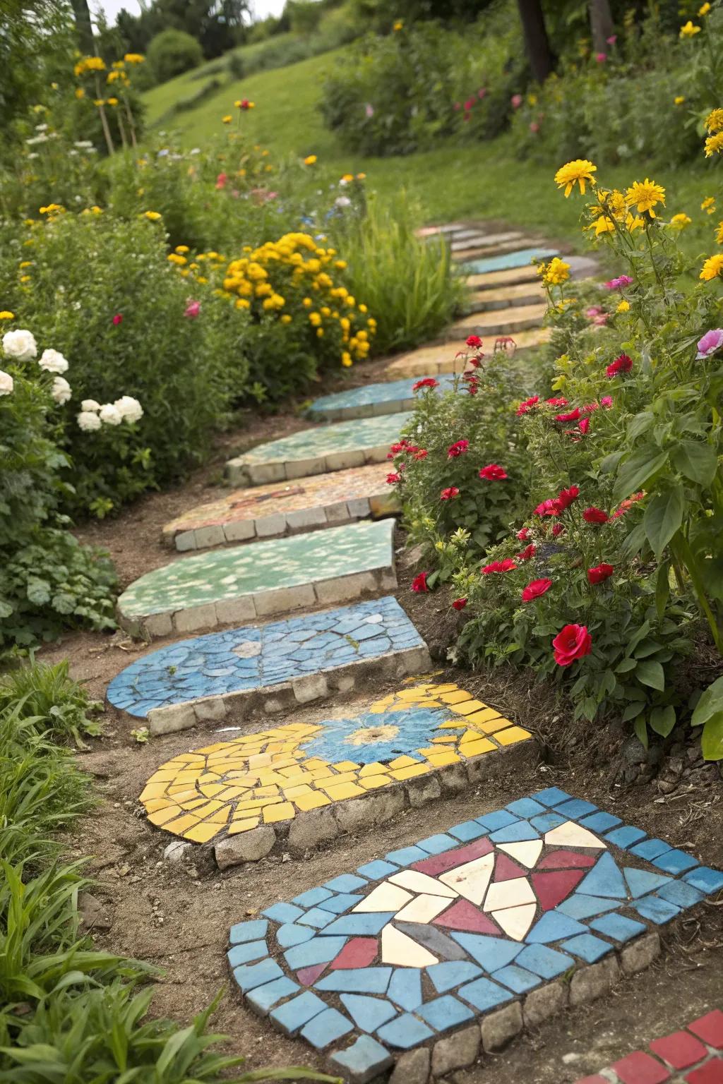 Stones with mosaic art add a unique style and vibrancy to trails.