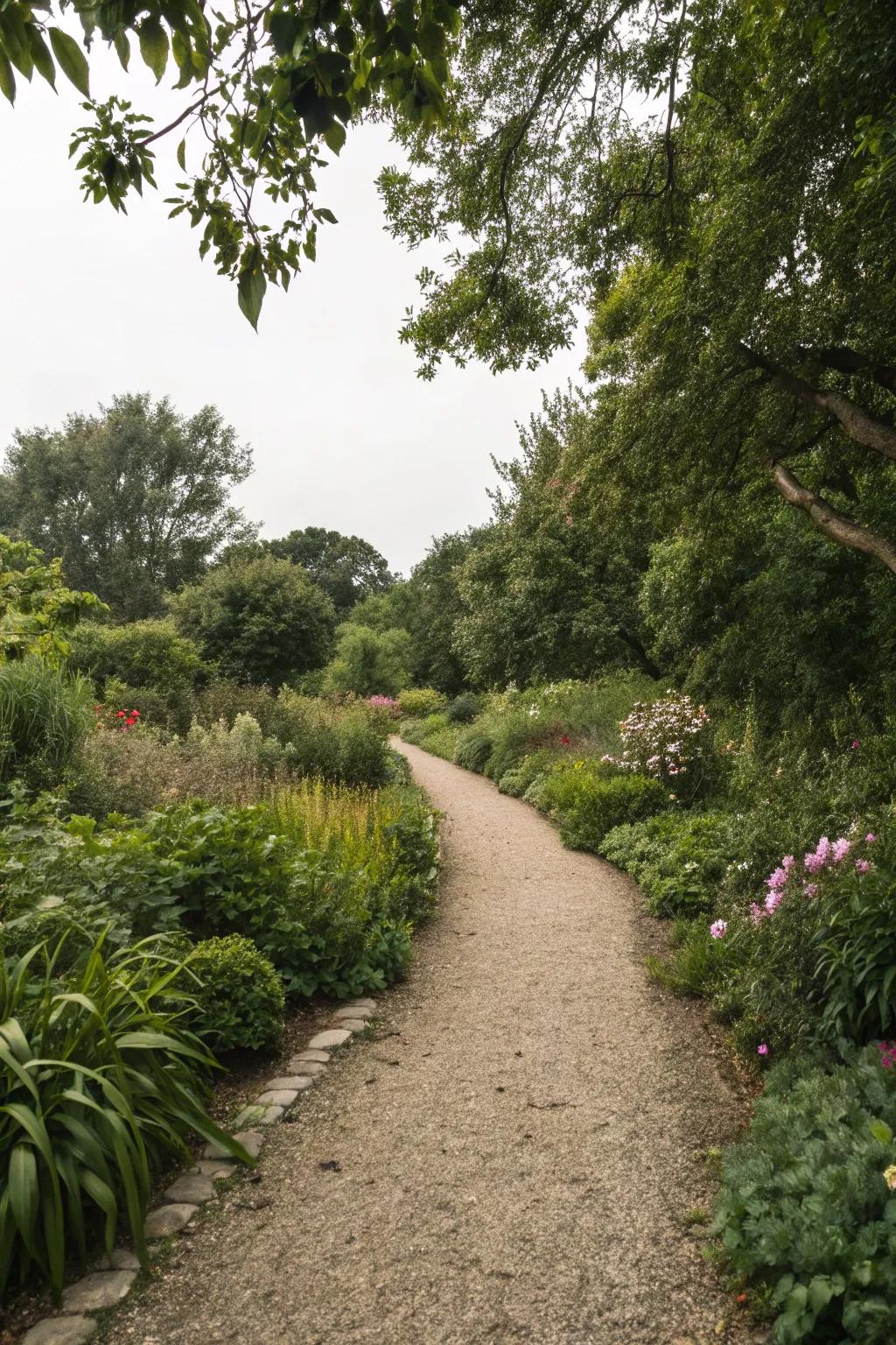 A gravel path weaving through a garden with natural aspects.