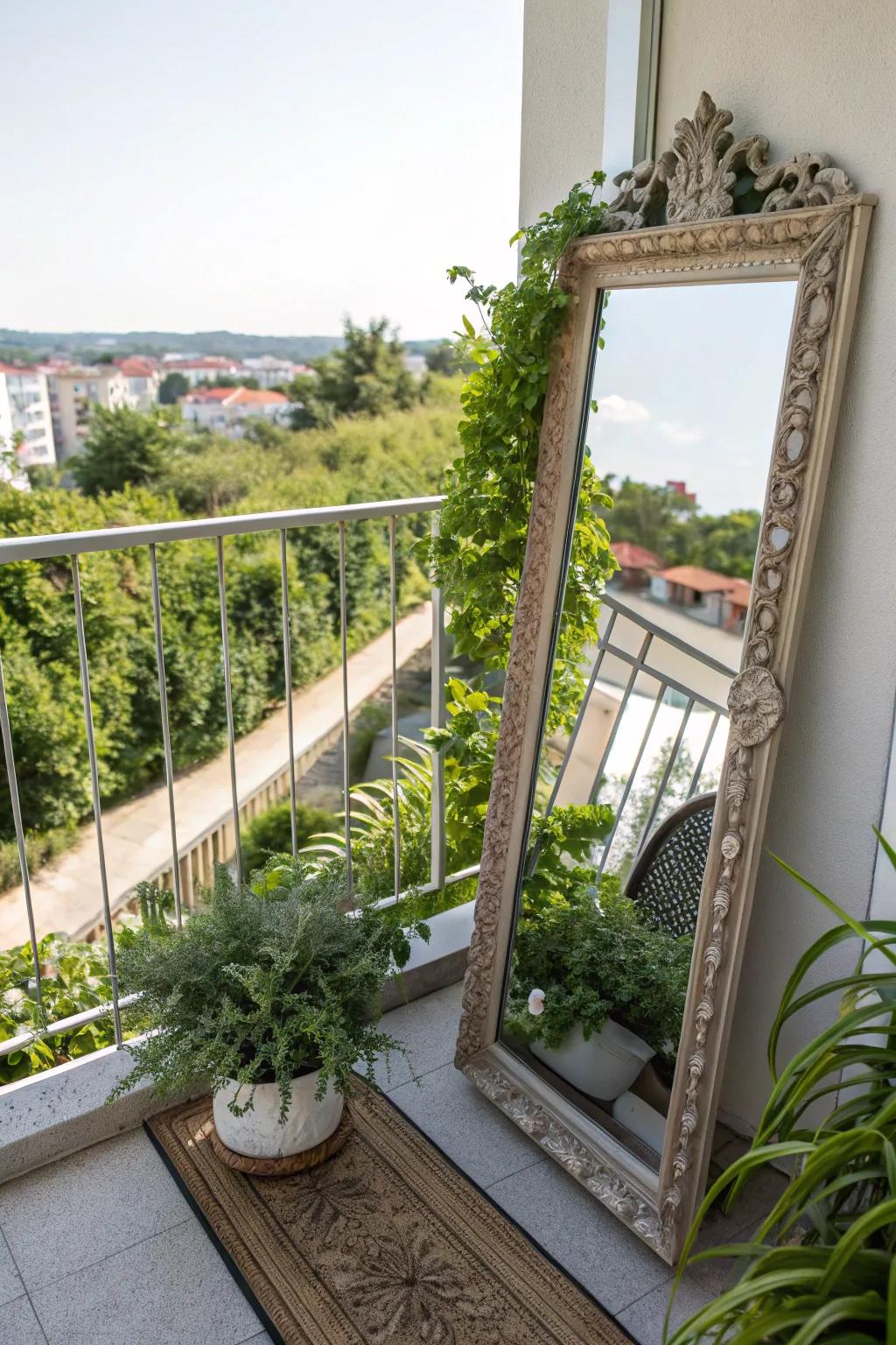 Mirrors can evoke a feeling of spaciousness and welcome on your balcony.