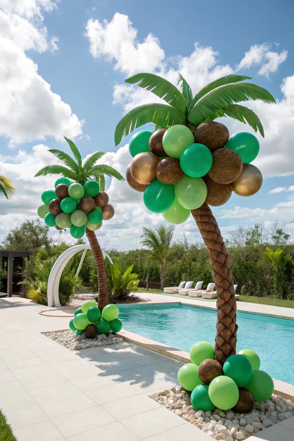 Tropical balloon palm trees that generate a playful, beachy ambiance.