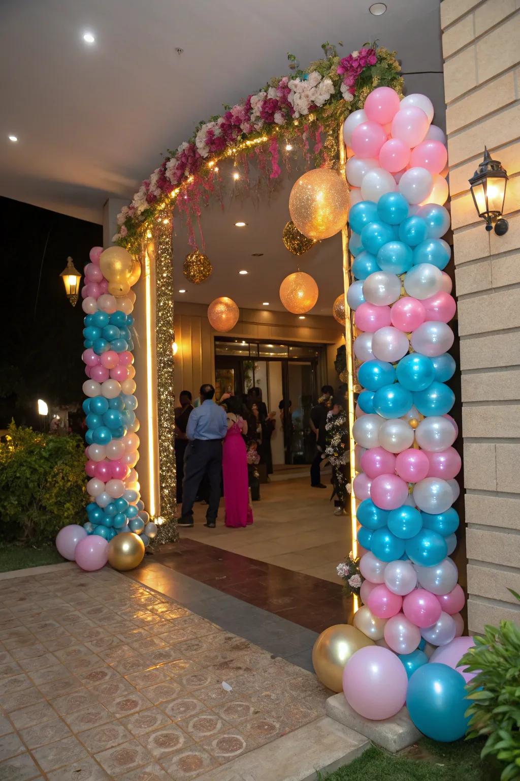 Decorative balloon columns enriching a party entrance