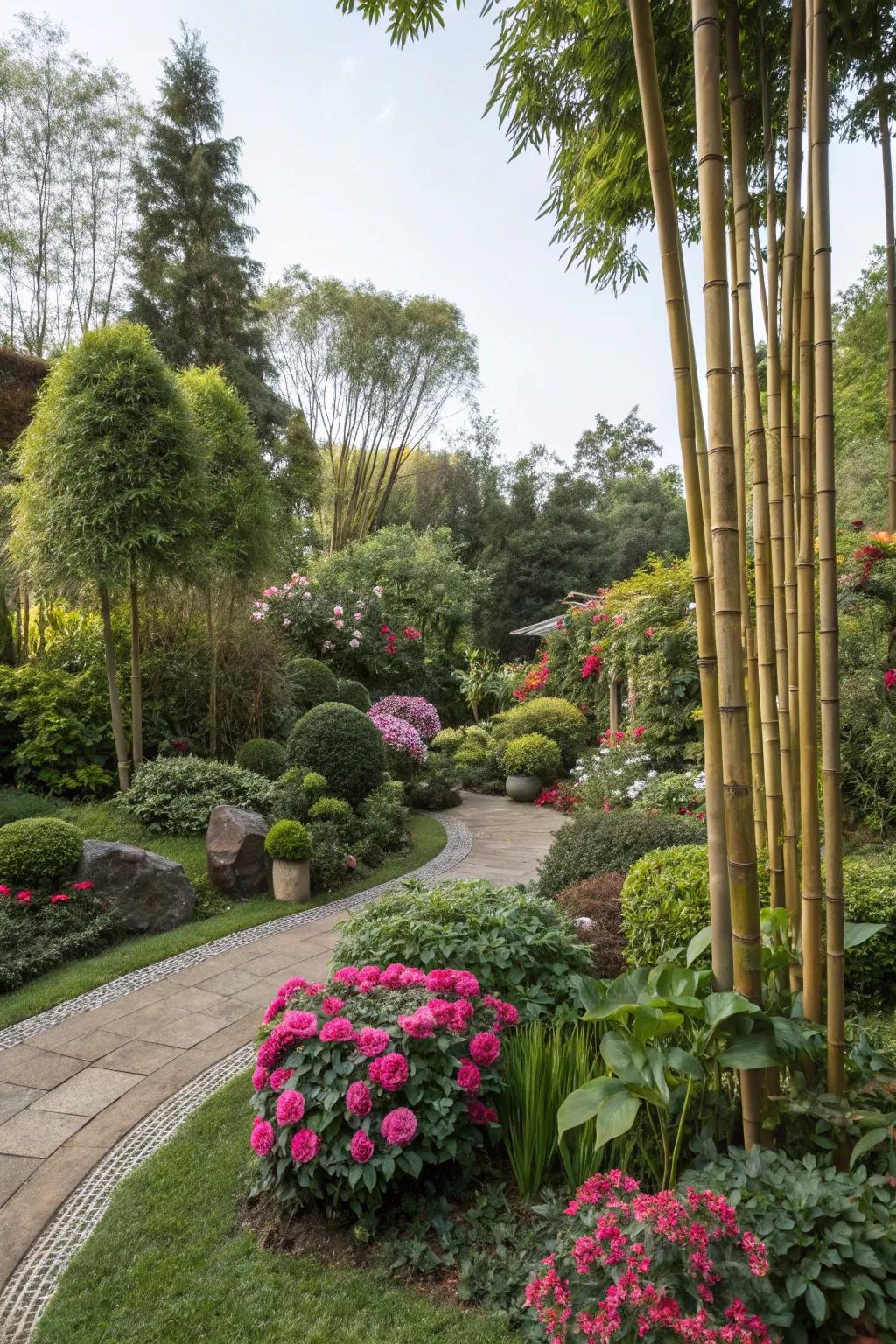 Bamboo serves as beautiful accents in a diverse garden.