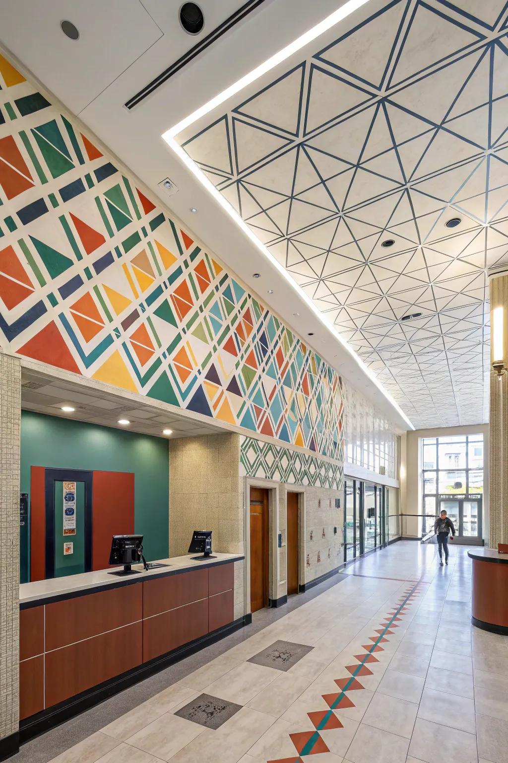 Geometric designs add contemporary flair to the bank's decor.
