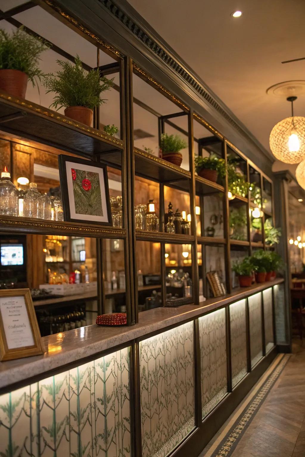 Stylish embellishments customize your mirrored bar arrangement.