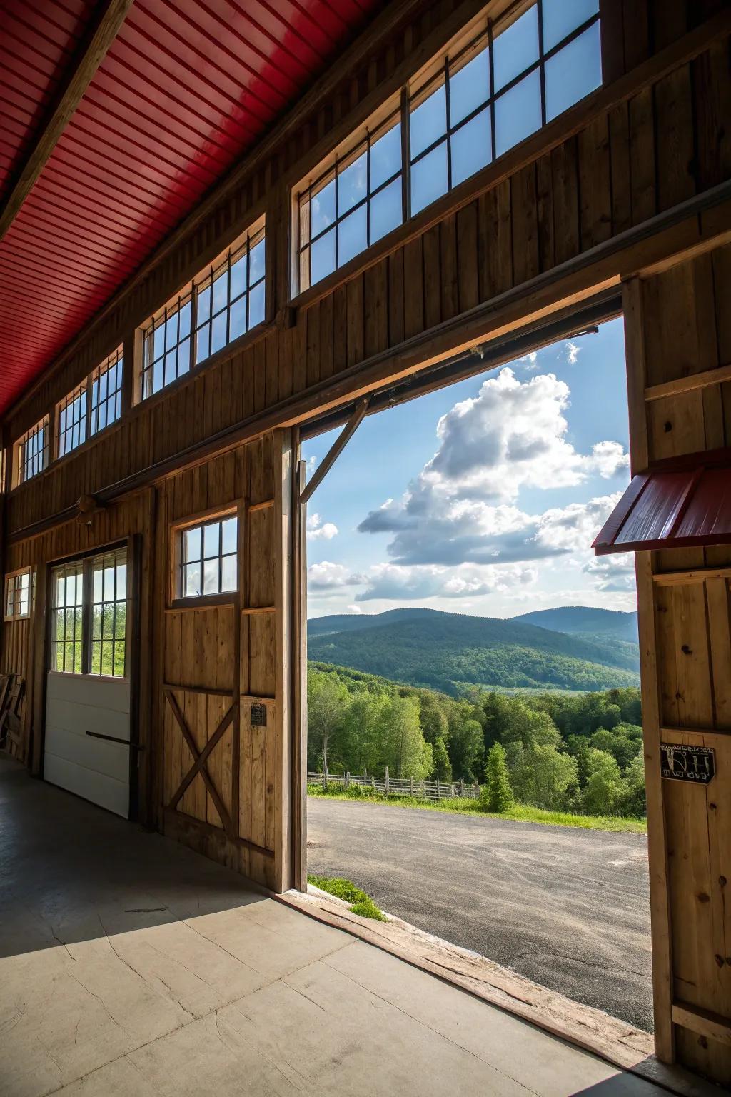 The beauty of nature is brought into this barn garage by large windows.