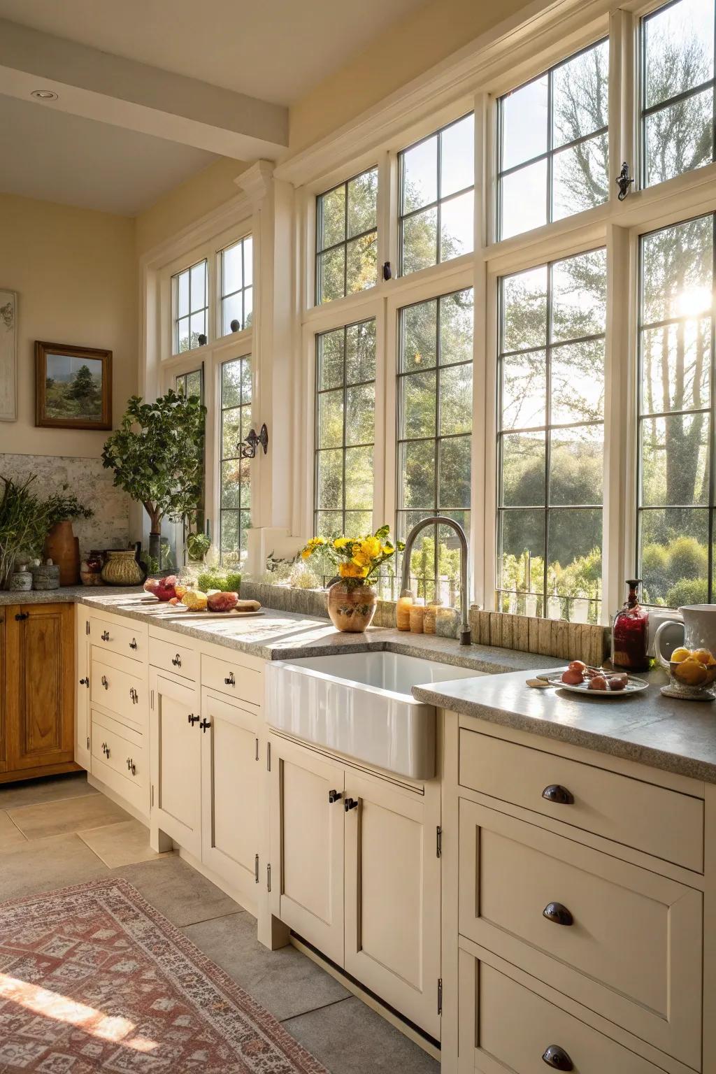Natural radiance amplifies the kitchen's welcoming atmosphere.