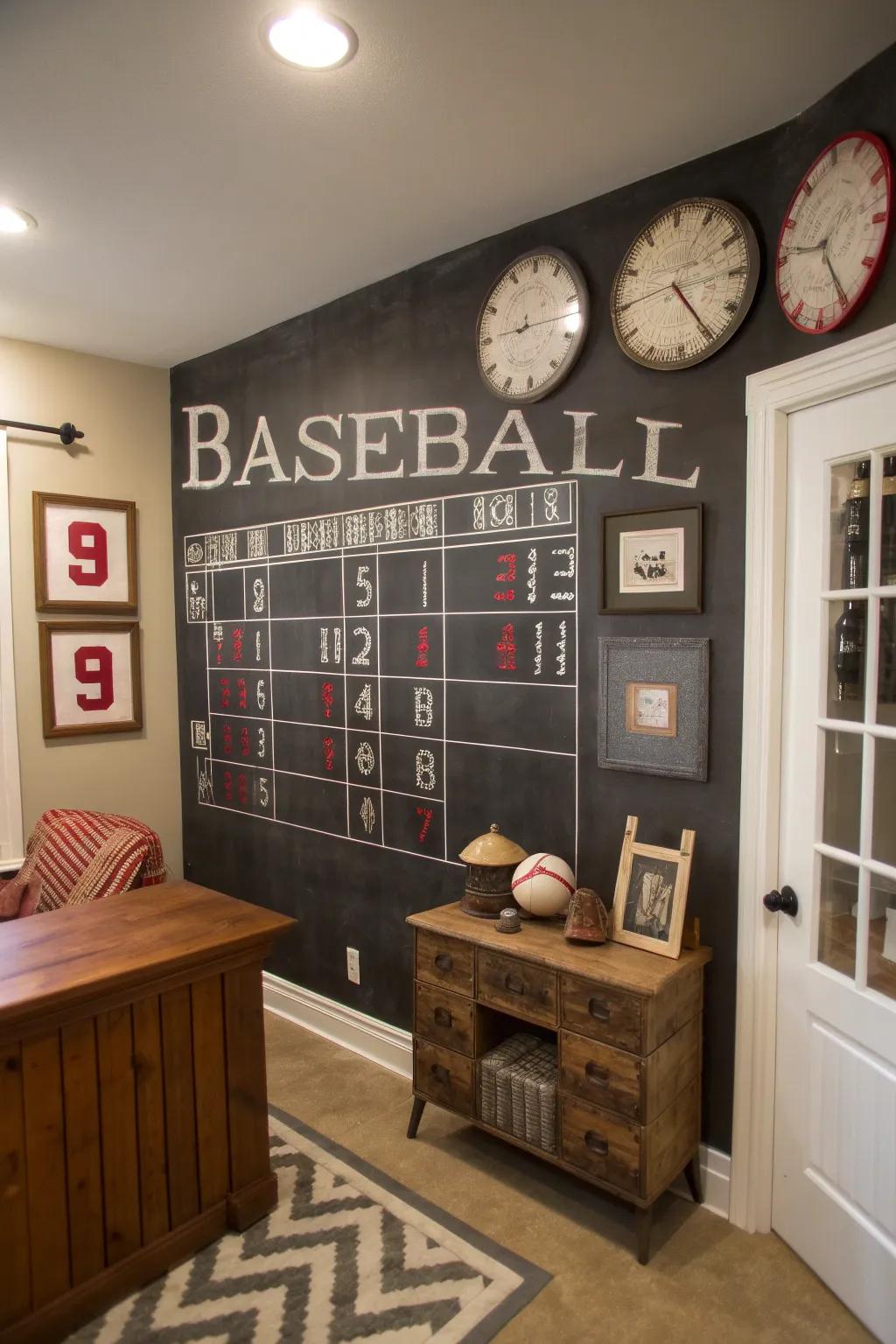 A chalkboard scoreboard introduces an interactive dimension to the area.