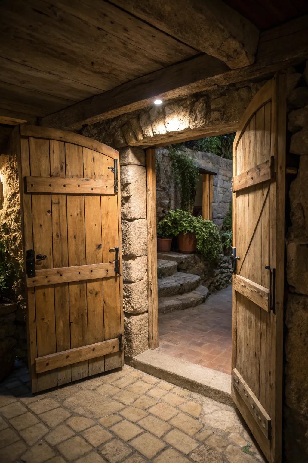 Rustic wooden doors offer warmth and classic beauty.