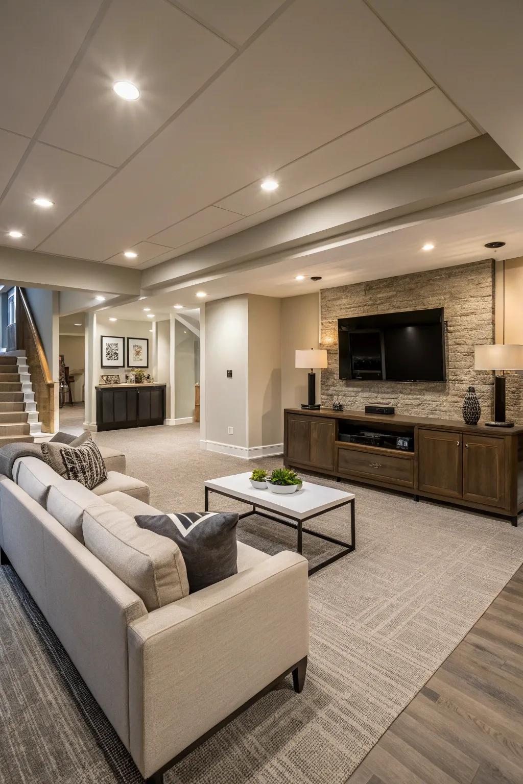 An open configuration engenders an impression of spaciousness within this basement refuge.