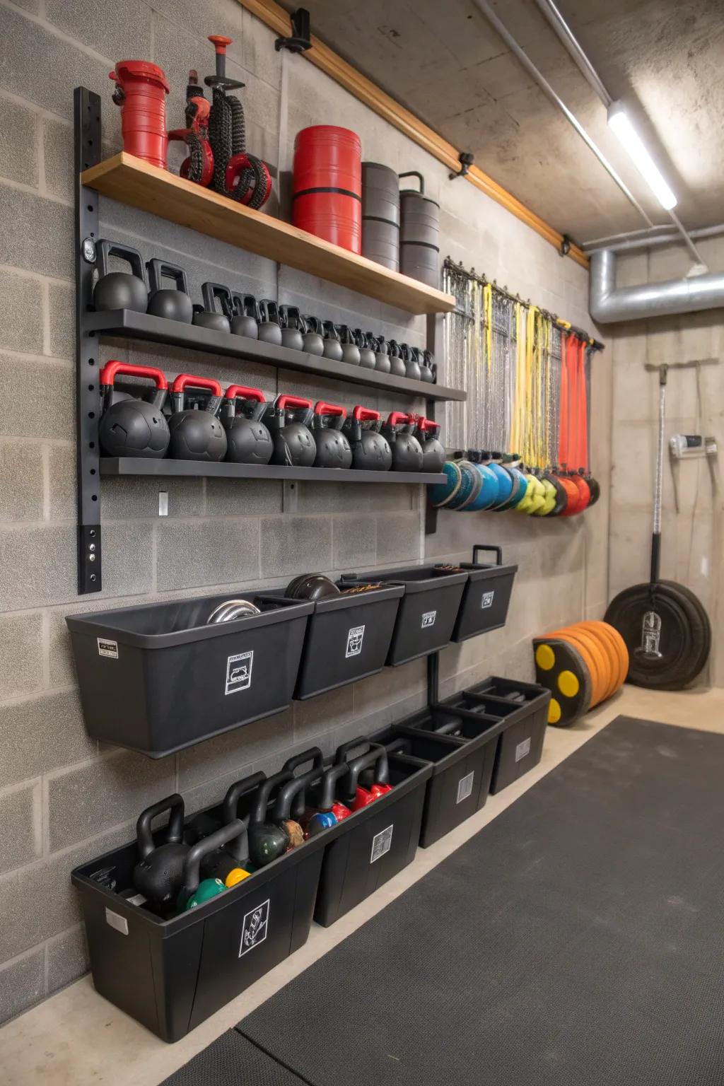 Effective storage solutions maintain your fitness center tidy and accessible.