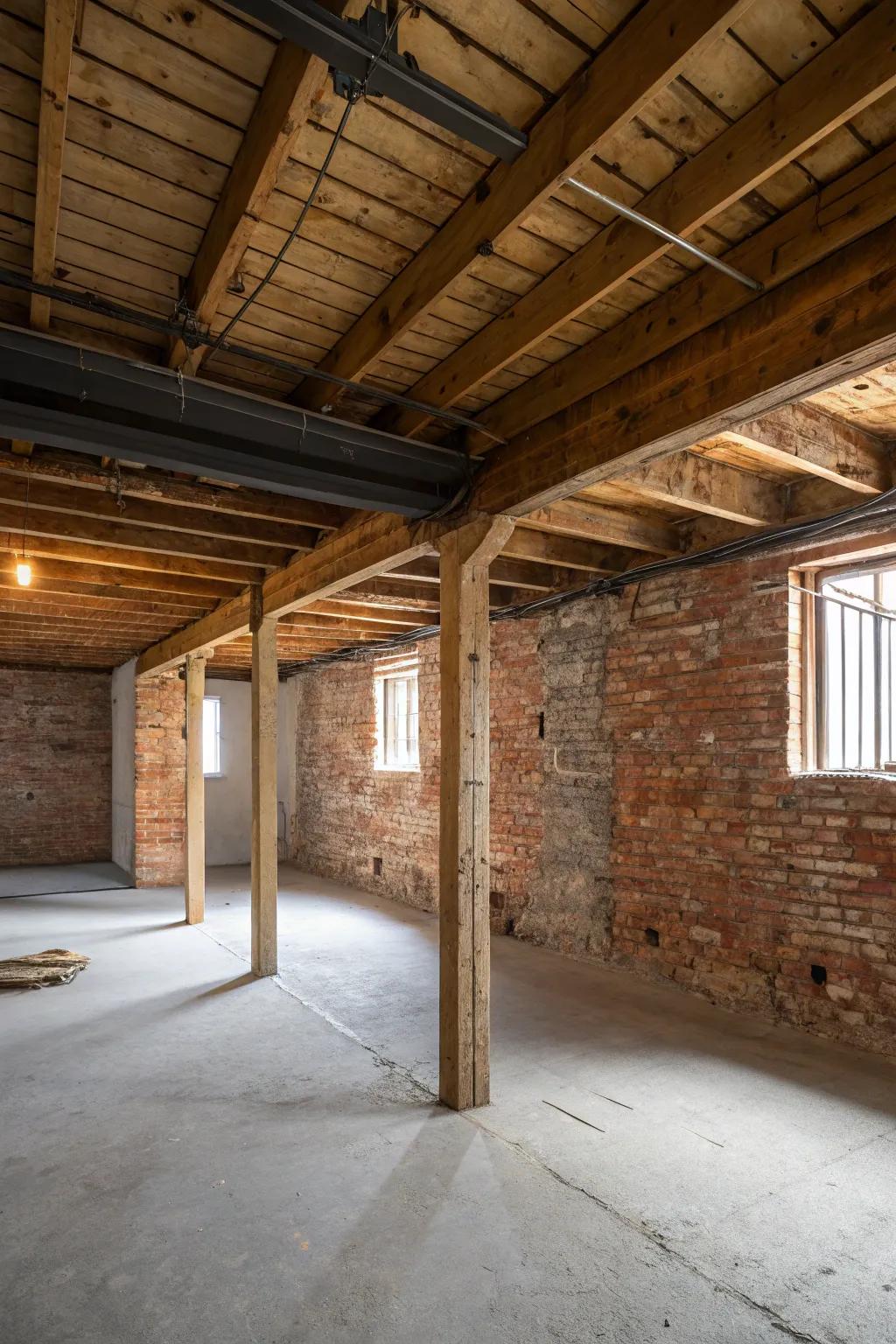 Basement featuring exposed beams and a rustic brick facade.