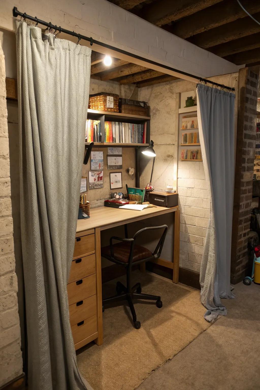 An enclosed workspace preserves neatness within the basement.
