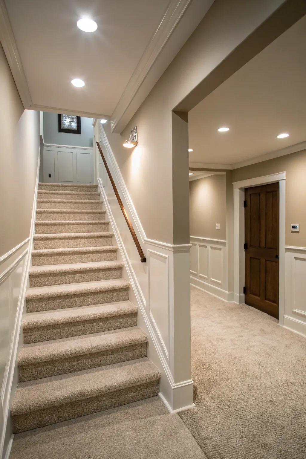 Neutral shades fashion a serene and cohesive stairway.