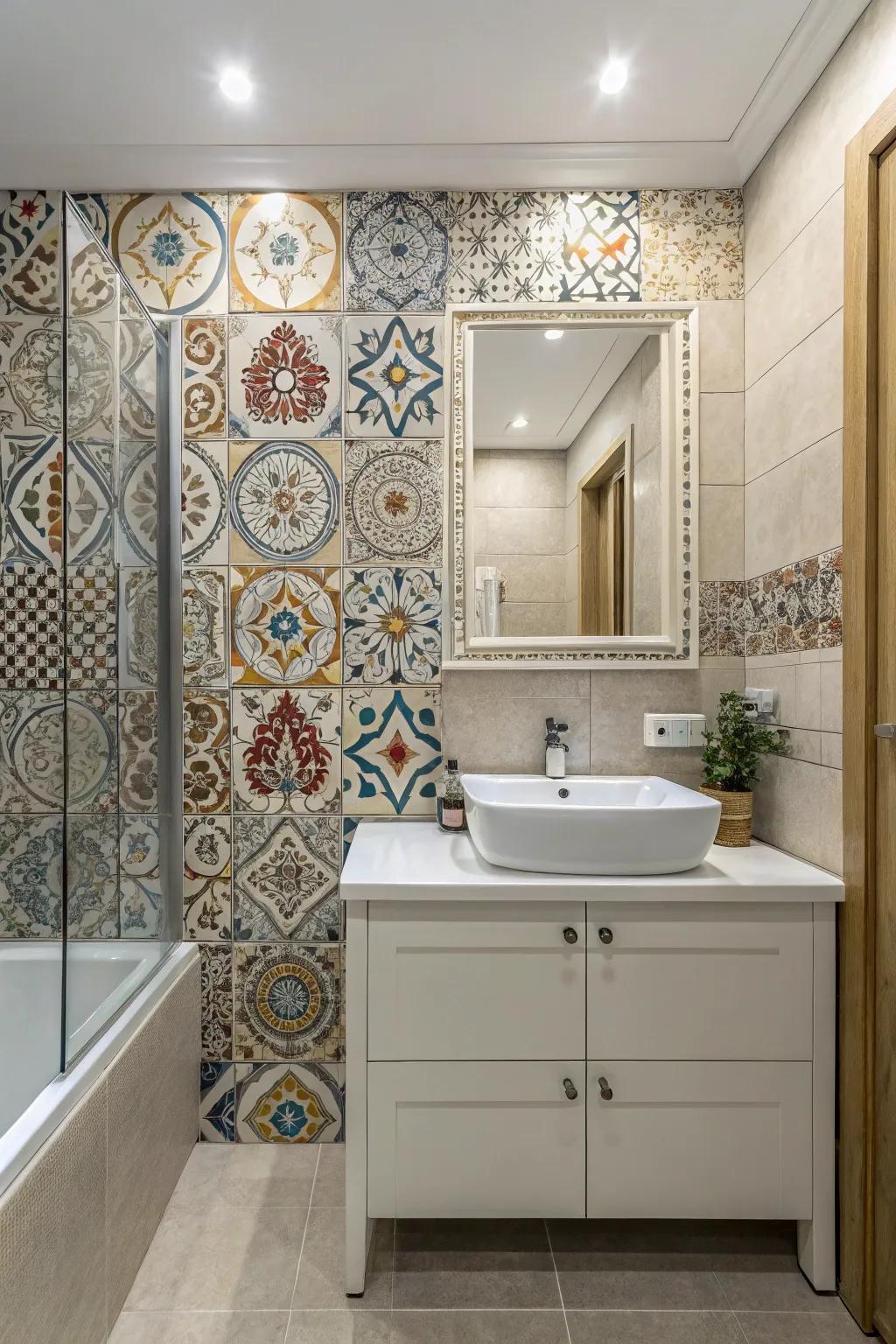 Artistic tiles transform walls into captivating masterpieces.