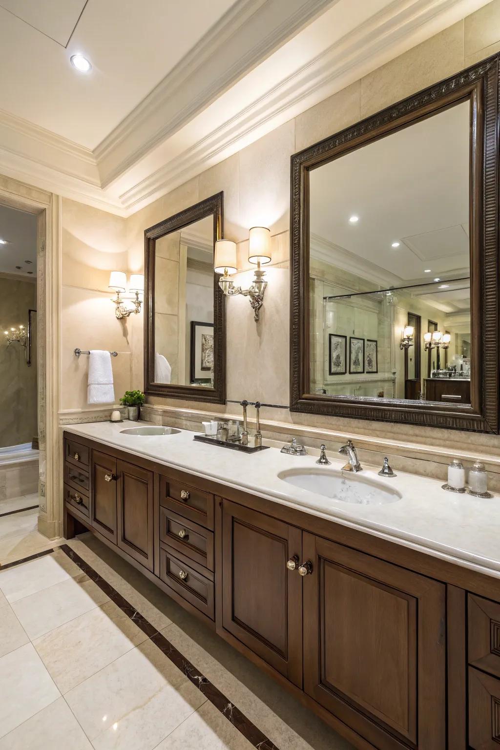 A dresser with two sinks transforms a shared bathroom into a luxurious space.