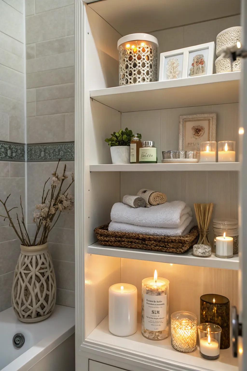 Decorative embellishments introduce personal flair to visible storage.