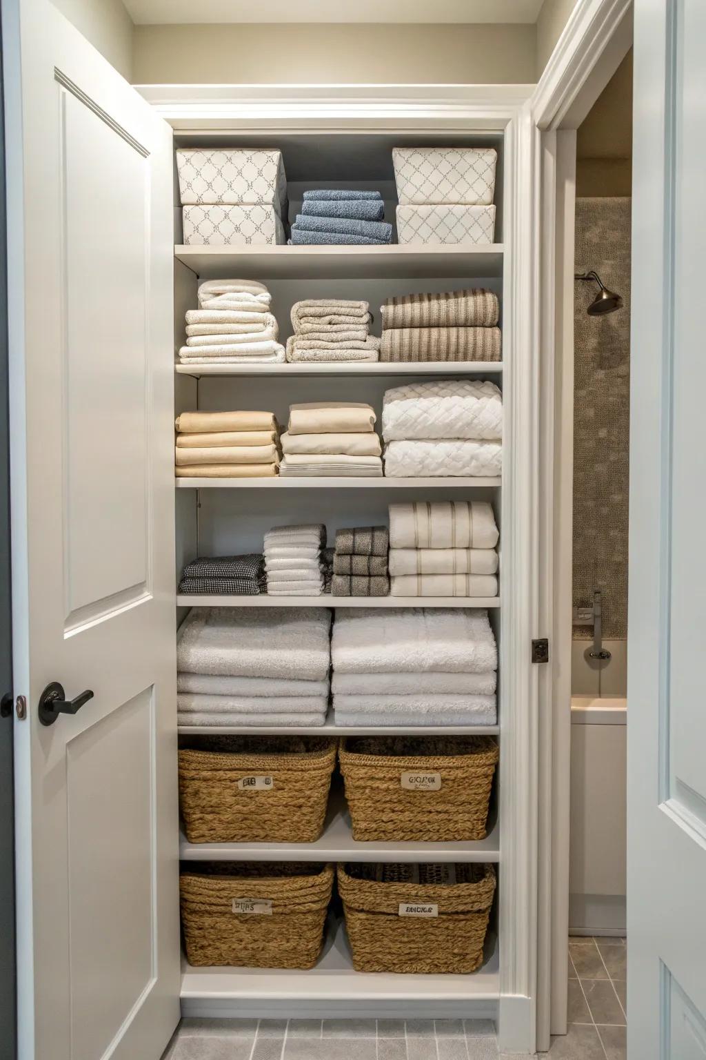 Deep shelving with neatly arranged towels and fabrics for optimal keeping.