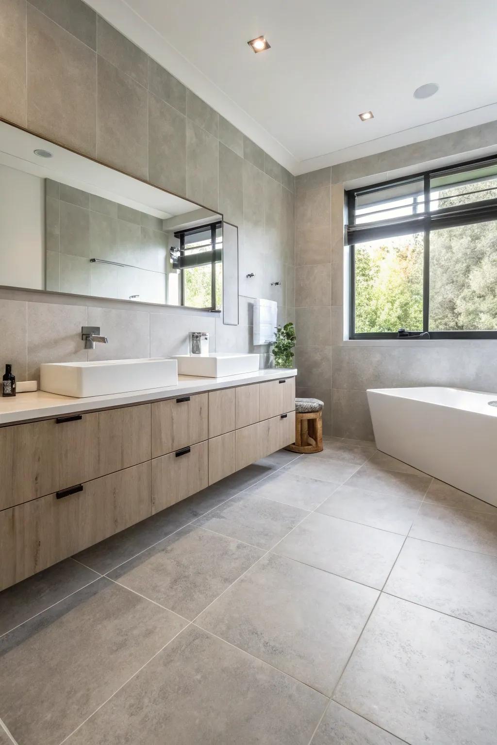 Mortar-style floor coverings establish a sleek, contemporary ambiance.