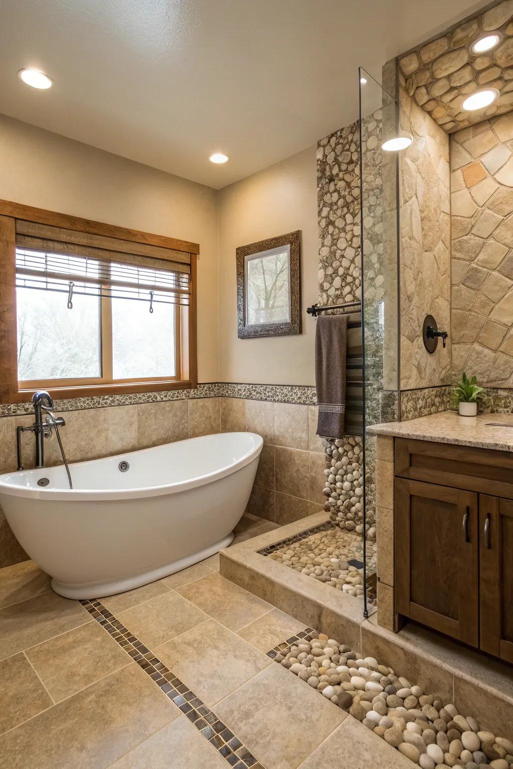 Unrefined stone edgings convey a serene, earthy sentiment to the washroom.