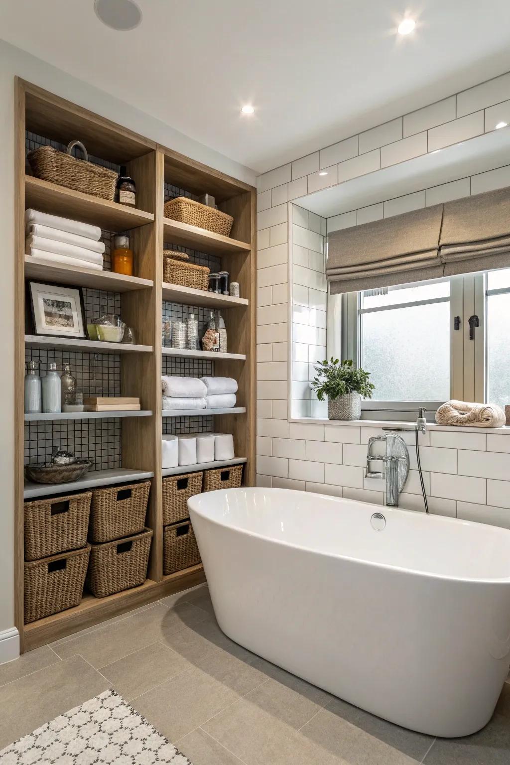 Unite style and practicality with integrated storage surrounding your bathtub.