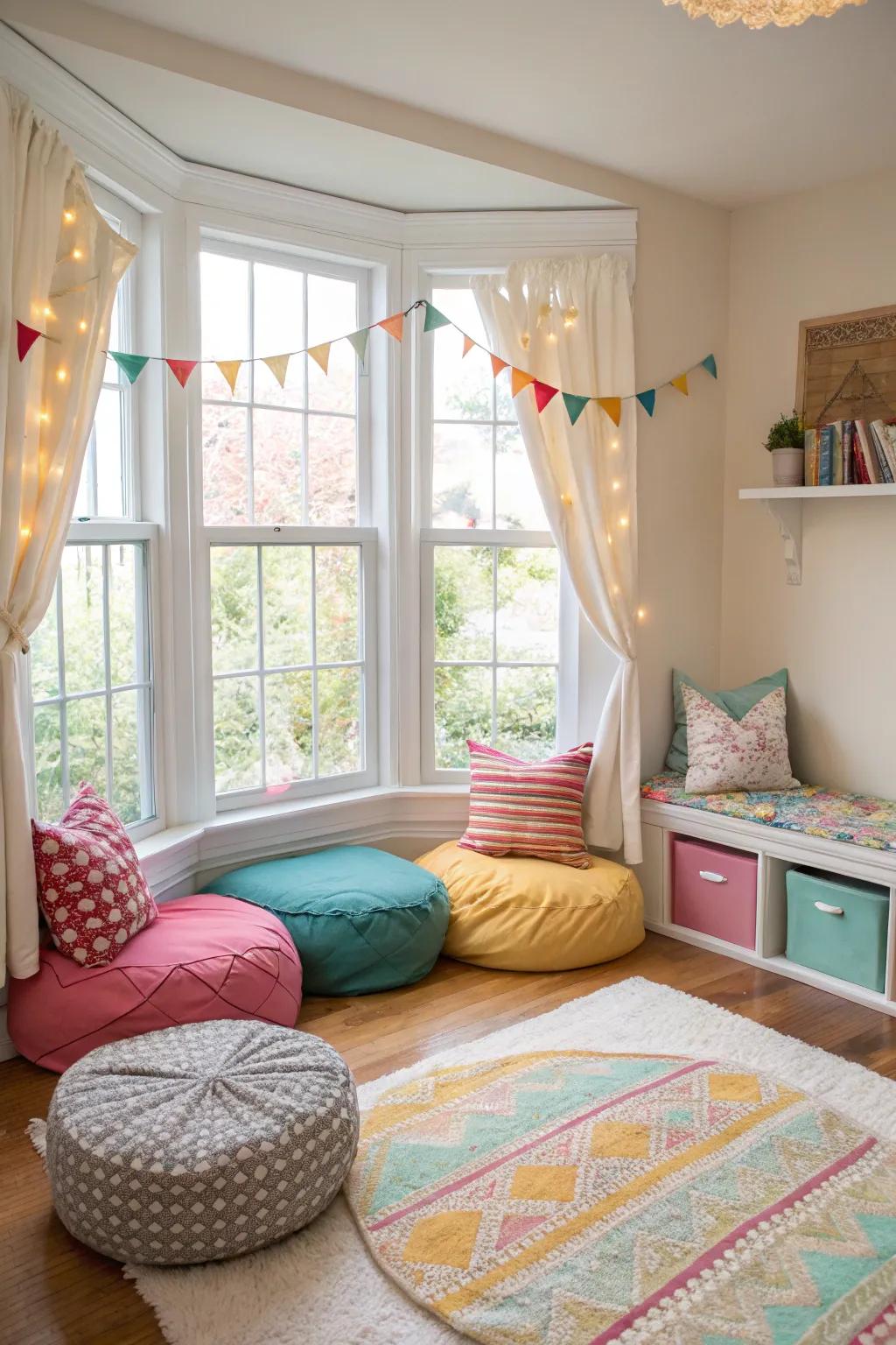 Construct a playful and cozy area dedicated to children within your bay window space.