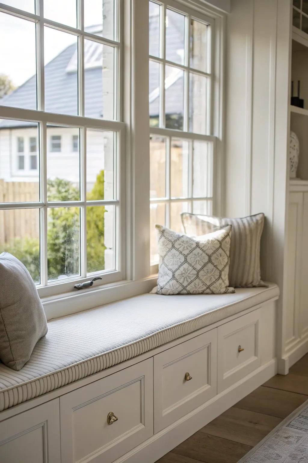 A minimalist bench seat offers a sleek and modern touch to your bay window.