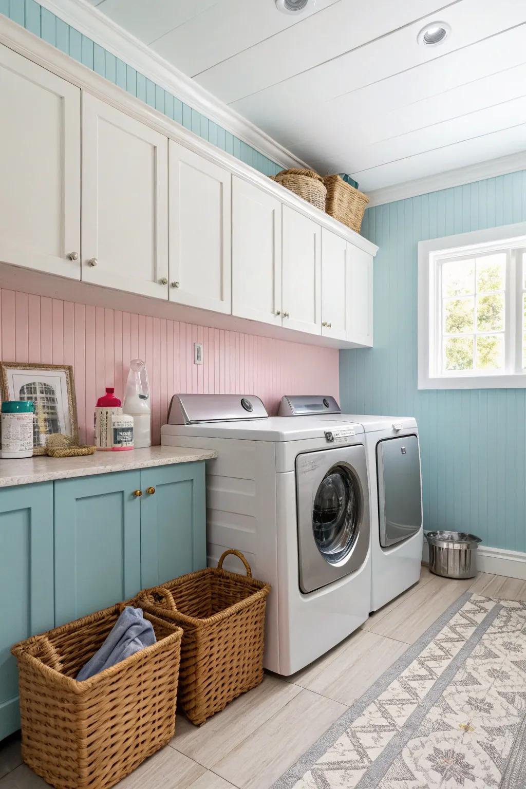 A playful washing area with pastel paneling divider.