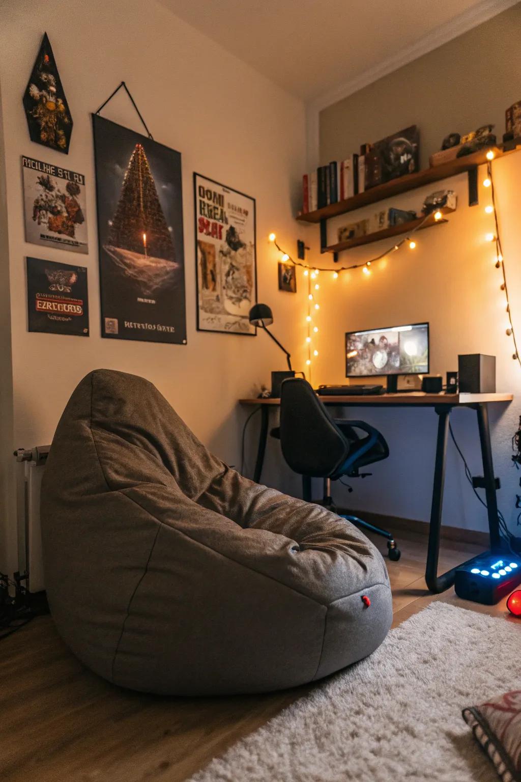 Cozy seating incorporates comfort into the gaming milieu.