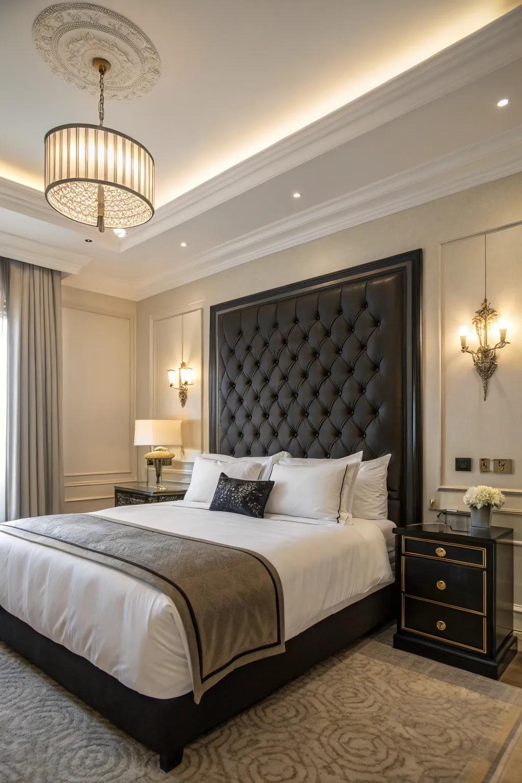 A striking ebony bedhead serves as a focal entity within a chic boudoir.
