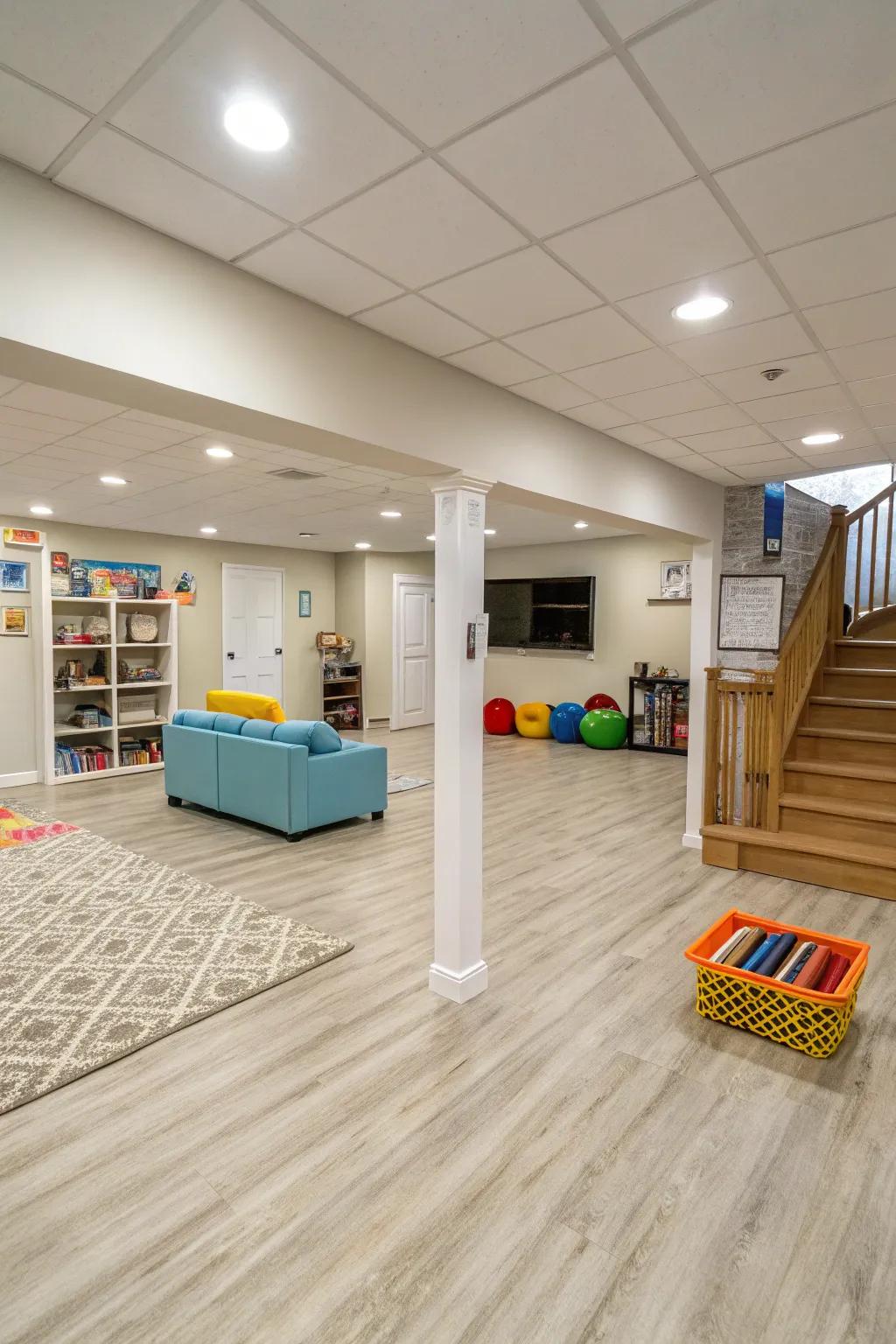 Pale-toned vinyl flooring can brighten any basement area.