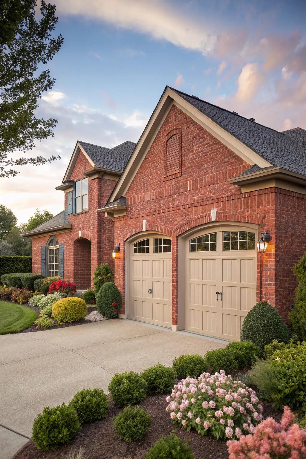 Sandstone garage doors offer subtle elegance to red brick homes.